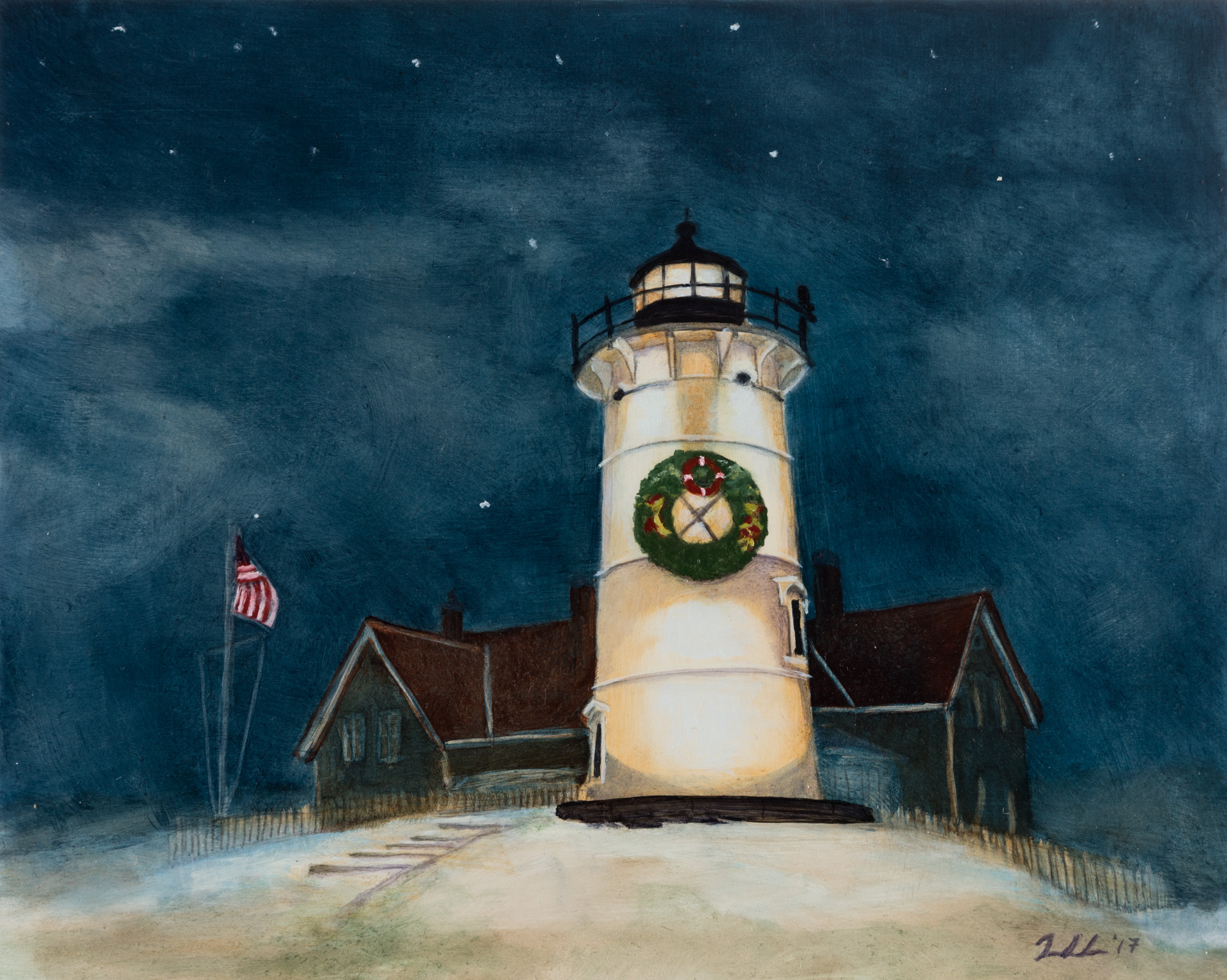 Nobska Lighthouse at Christmas, oil on panel,8 x 10 in. , $325