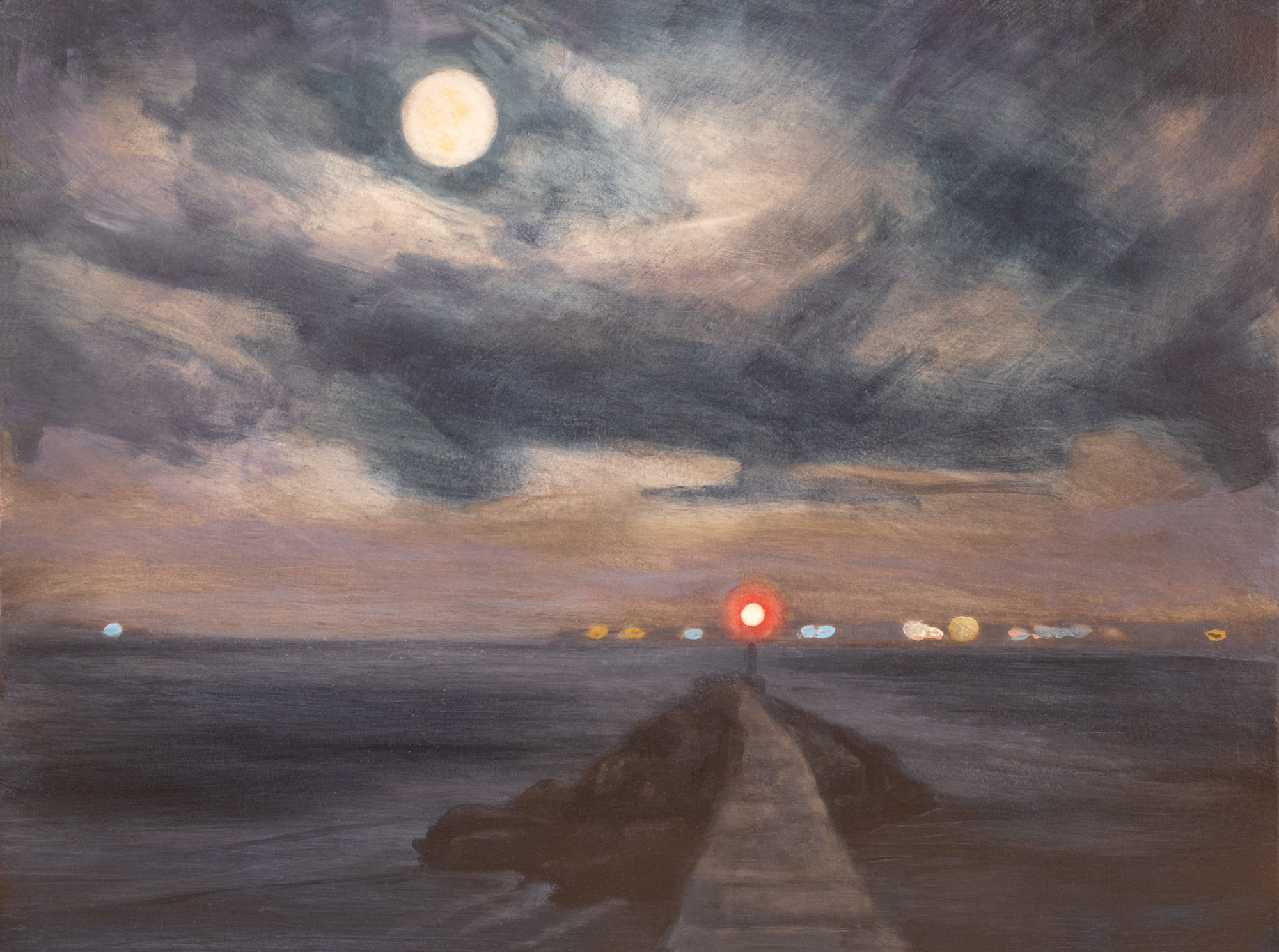 Full Moon and Distant Lights, oil on panel, 12 x 16 in., $550.00
