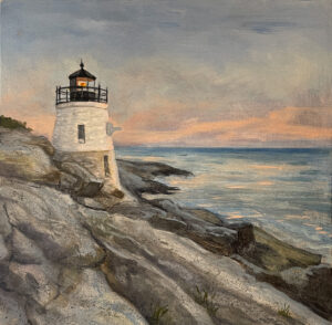 Castle Hill Lighthouse, oil on panel, 8" x 8", Cynthia Woehrle 2024, available at gallery sitka newport until July 31, 2025